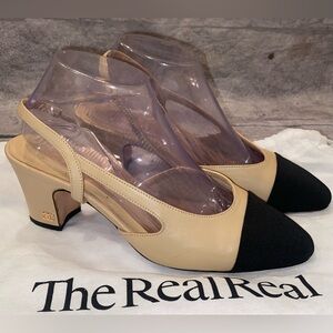 WORN 3x Chanel Slingback Lambskin Leather Heels 9 39 Italy 2 Tone Kitten Pumps